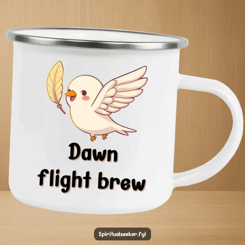 Funny bird camping mug with a joyful bird soaring with a shimmering feather, perfect for outdoor humor.