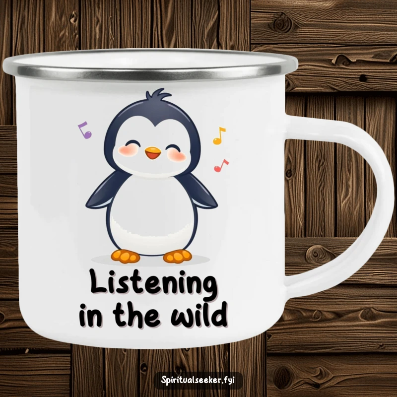 Funny camping mug with a cheerful penguin character listening to nature sounds, perfect for outdoor enthusiasts who love humor.