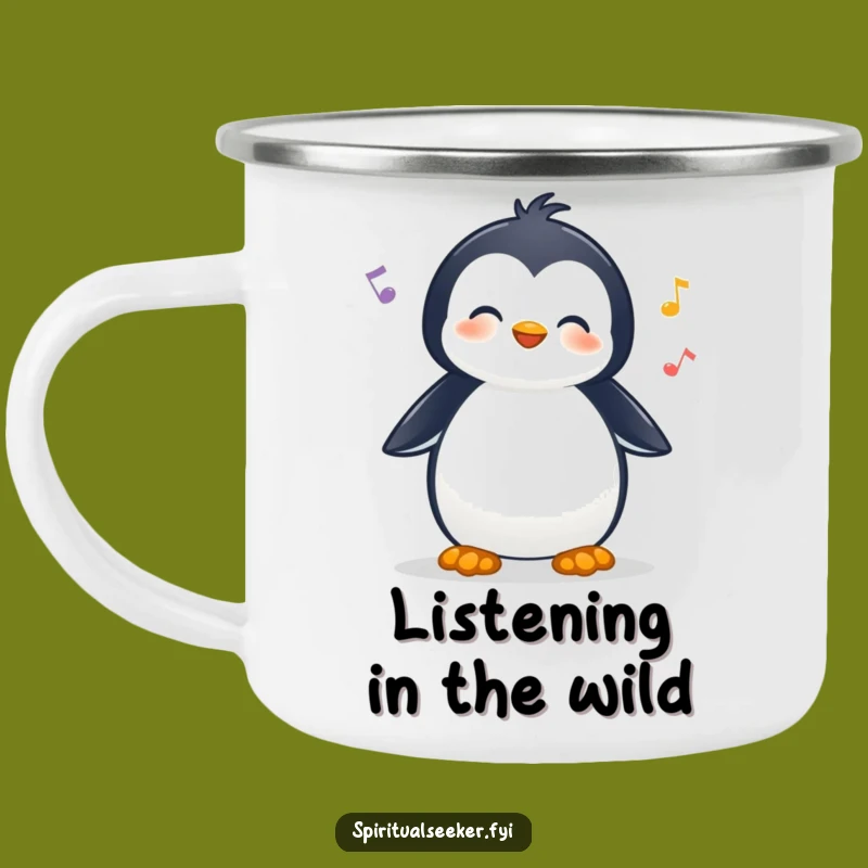 Funny Camping Mug: Cheerful Penguin Listening, a Nature Outdoor Humorous Gift