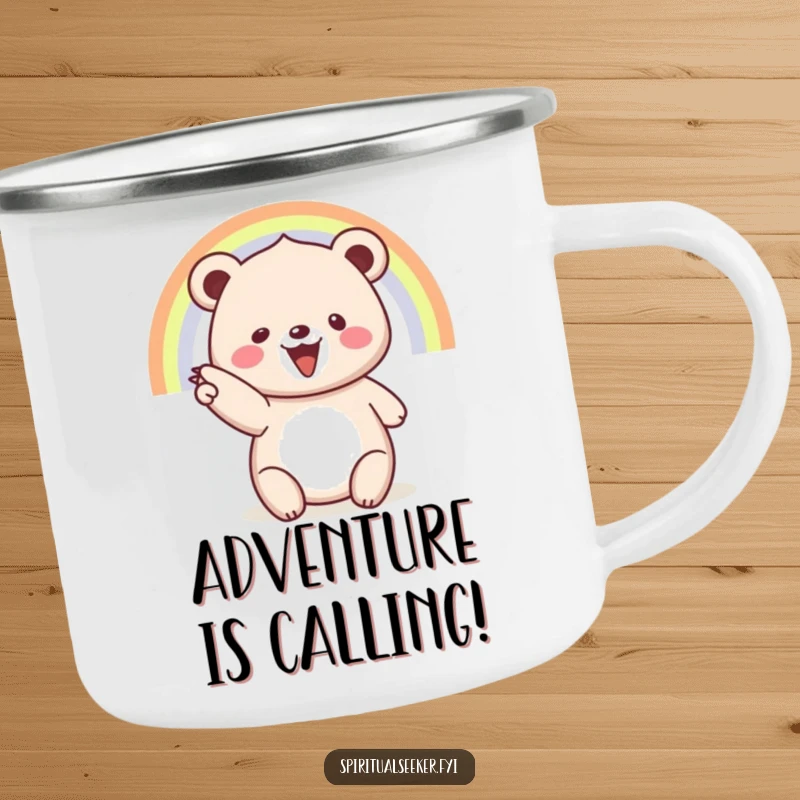 Funny camping mug: A beaming bear points towards a colorful rainbow, ideal for enjoying drinks outdoors.