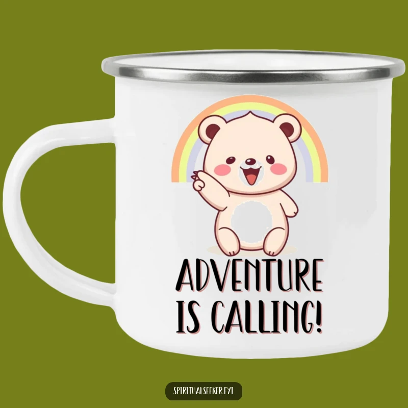 Funny Camping Mug: Sip Joyfully with a Beaming Bear & Rainbow