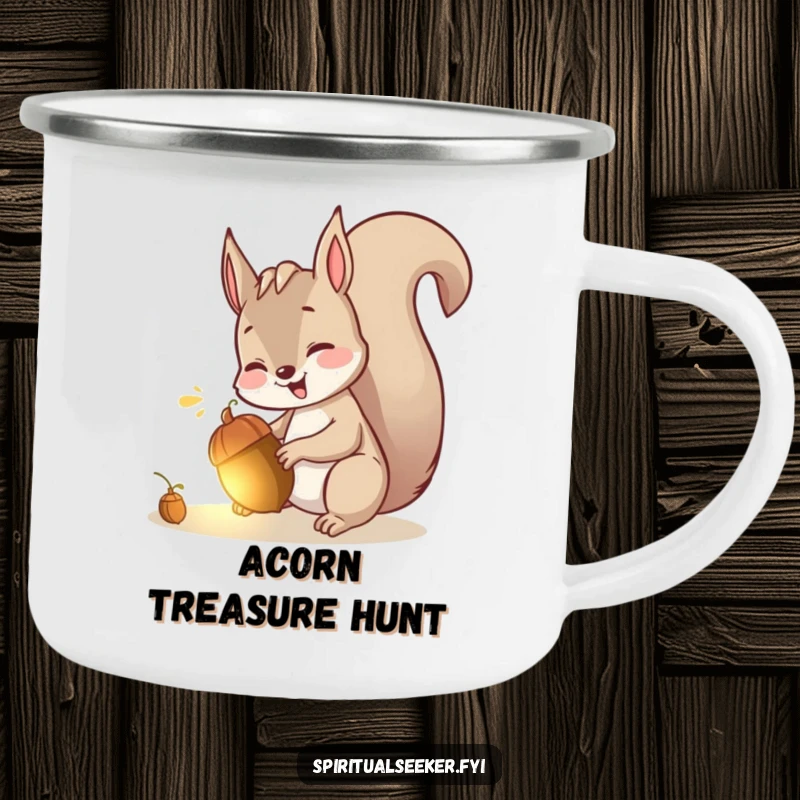 Funny camping mug with a giggling squirrel discovering a luminous acorn, perfect for playful outdoor enjoyment.