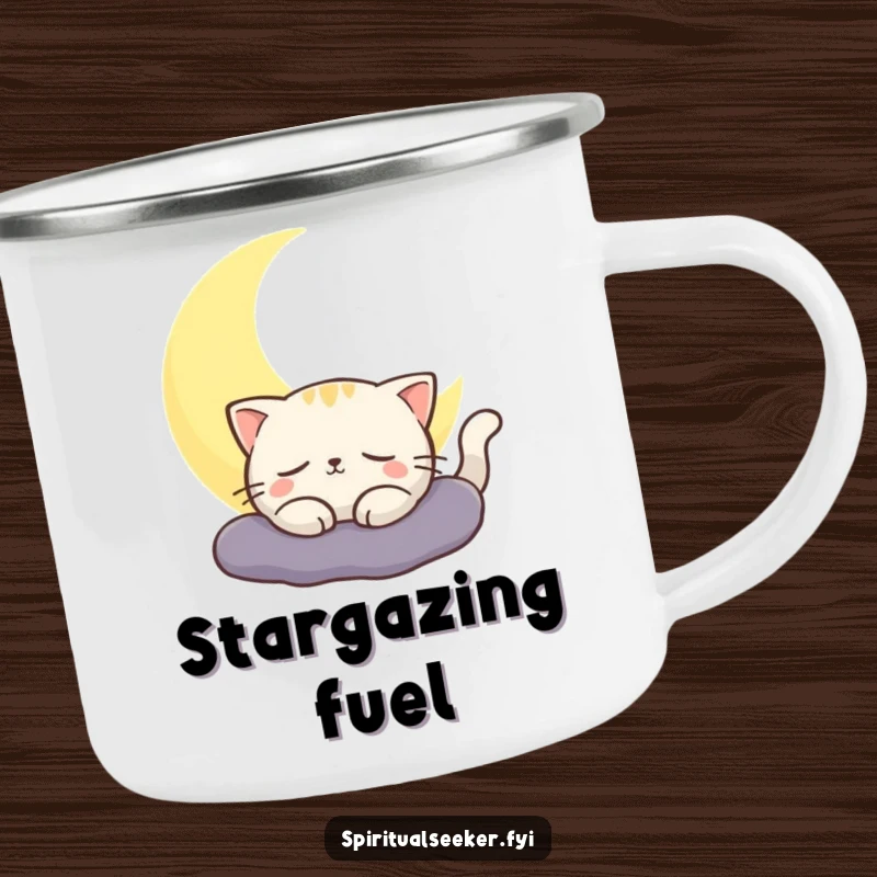 Funny cat camping mug with a contented cat bathed in the light of a crescent moon. Durable and relaxing.