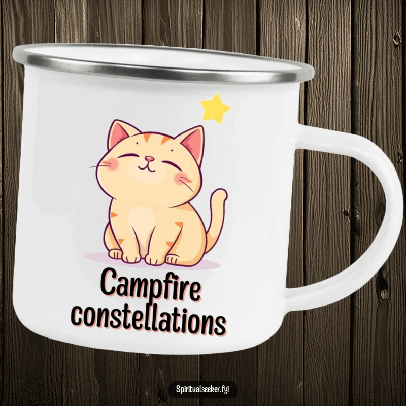 Funny contented cat camping mug, featuring a cat gazing at a star, perfect for enjoying hot beverages during outdoor adventures with humor.