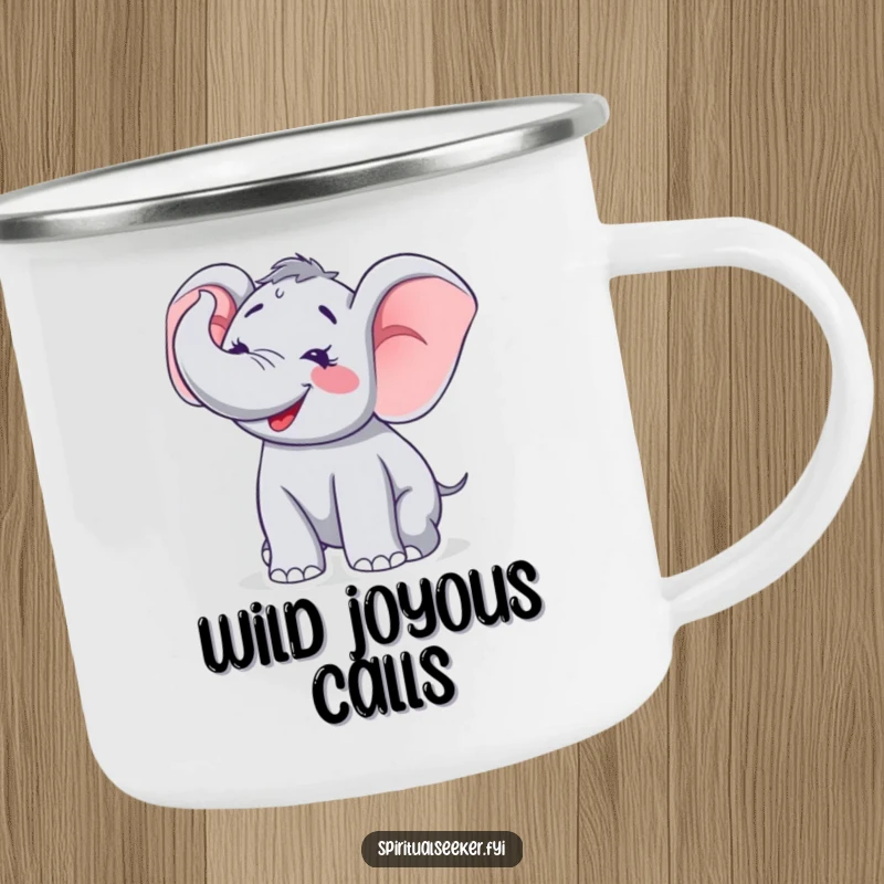 Funny camping mug featuring a happy elephant joyfully trumpeting, perfect for outdoor merriment and spreading happiness.