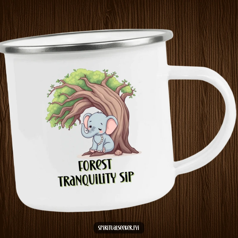 Funny elephant tree hugger camping mug, a peaceful elephant touching a tree, robust and tranquil for outdoor use.