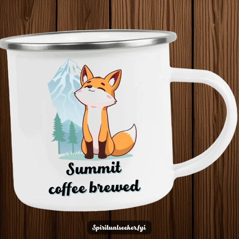 Funny Fox Camping Mug: A determined fox stretching towards a mountain peak, perfect for humorous outdoor motivation.