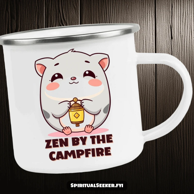 Funny Camping Mug with a serene Kawaii animal balancing a tiny chime, perfect for enjoying drinks outdoors peacefully.