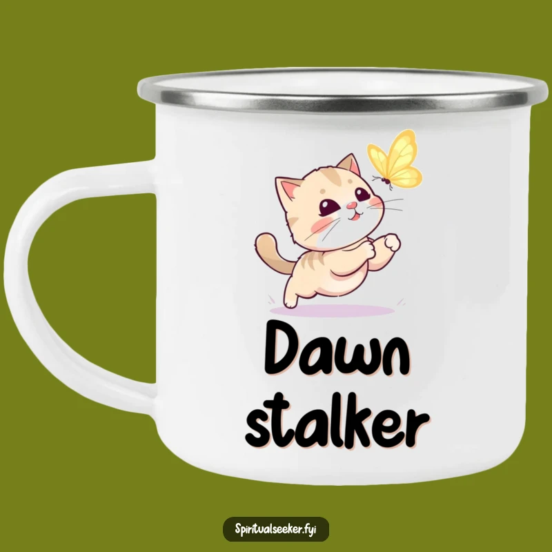Funny Kawaii Cat Camping Mug: Playful Butterfly Chase Adventure Gift