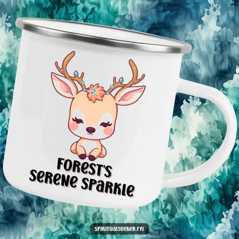 Funny Camping Mug: A kawaii deer with crystal antlers gazing peacefully, perfect for enjoying nature with serenity.