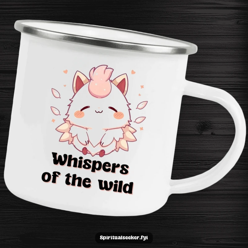 Funny Kawaii creature camping mug showing a peaceful smile and floating feathers, perfect for tranquil outdoor enjoyment.