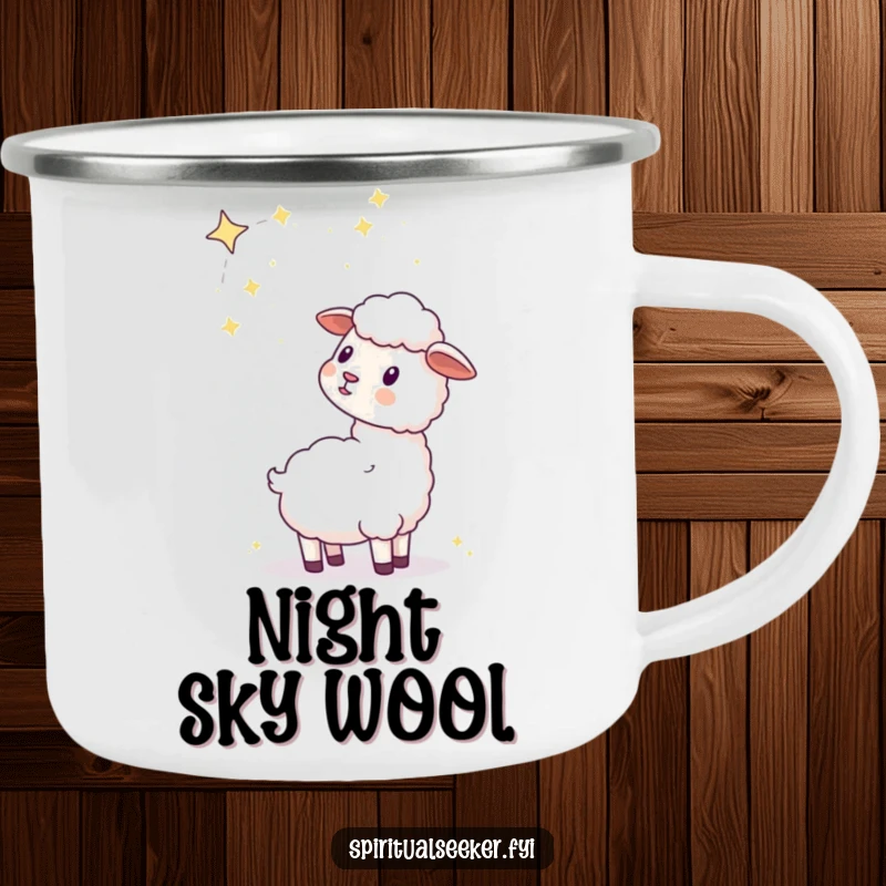 Funny kawaii sheep camping mug featuring a sheep gazing at a celestial constellation, ideal for outdoor, humorous enjoyment.