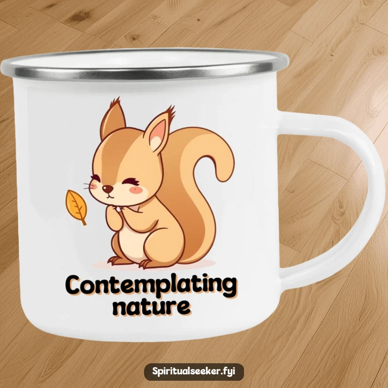 Funny, durable camping mug with a kawaii squirrel in deep thought over a falling leaf, perfect for humorous outdoor reflection.