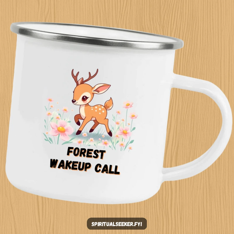 Funny deer camping mug of a playful character prancing through a field of luminous, enchanting flowers.