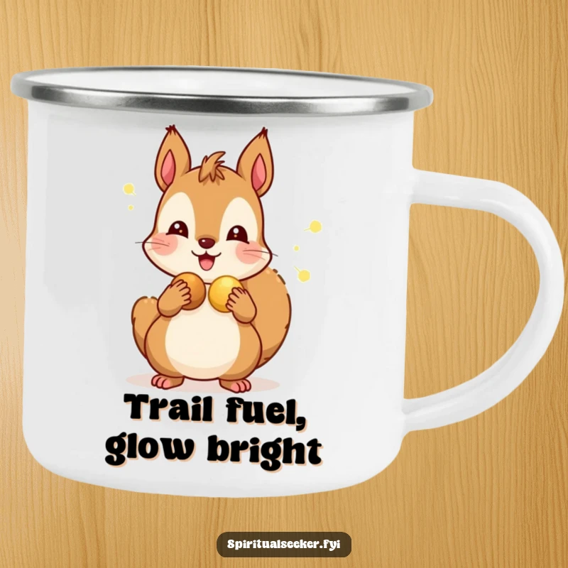 Funny camping mug with a happy squirrel sharing glowing nuts, evoking camaraderie and outdoor adventures around a campfire.