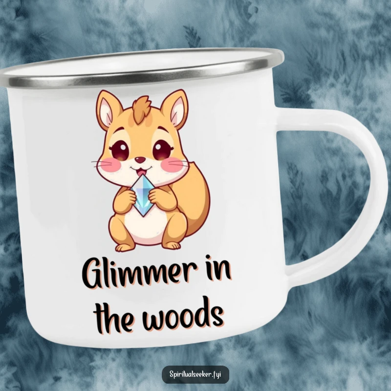 Funny enamel camping mug with a delighted squirrel holding a crystal shard, perfect for outdoor use and capturing joyful moments, a great funny gift.