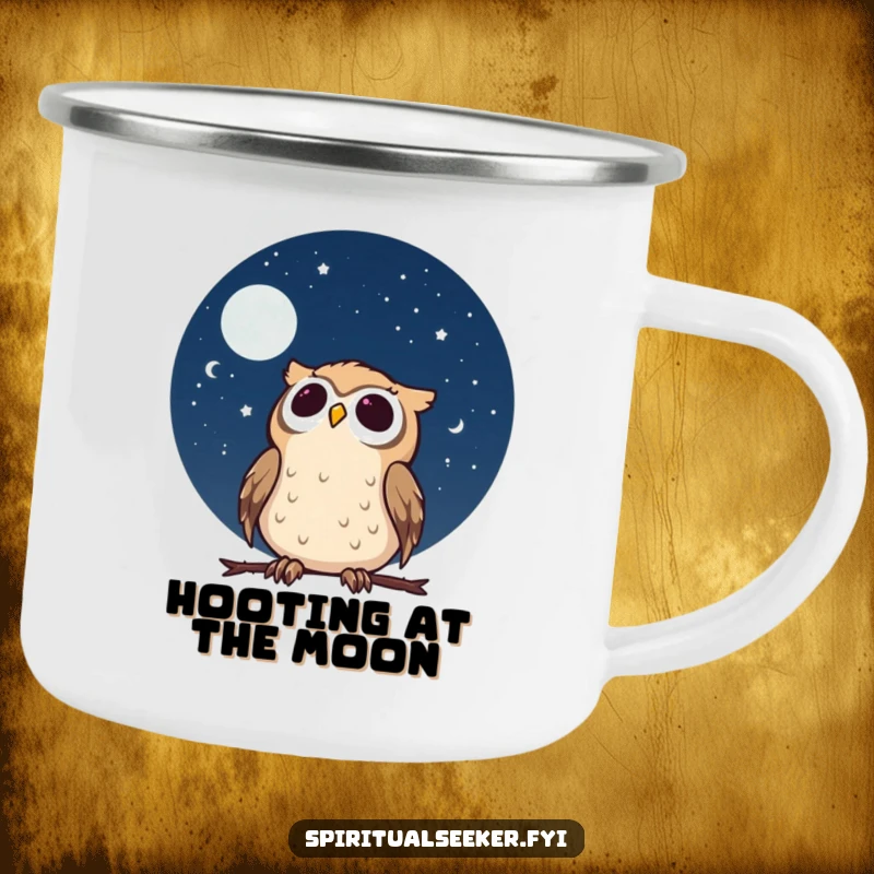 Funny calm owl camping mug with a character gazing at a starry night sky with wonder, ideal for peaceful outdoor moments.