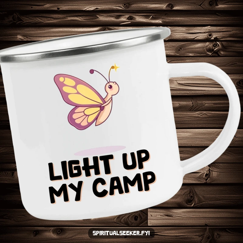 Funny camping mug with a dancing butterfly character admiring a beam of light, perfect for whimsical outdoor excursions.