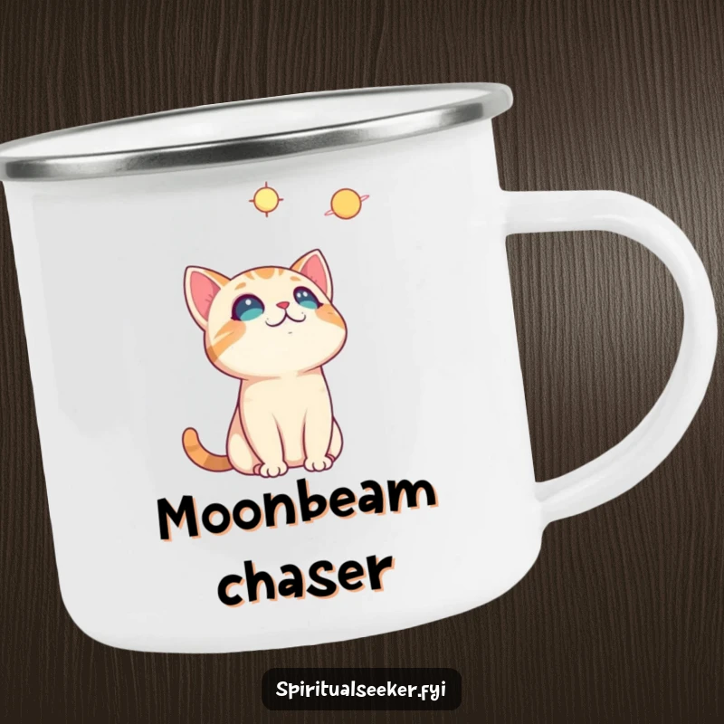 Funny curious cat camping mug, showing a cat gazing at the night sky, ready for outdoor adventures with a humorous touch.