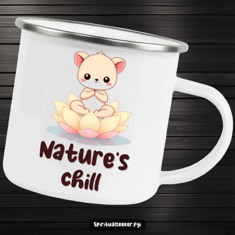 Funny Kawaii animal meditating serenely on a lotus flower, designed for outdoor enjoyment on a durable camping mug, bringing smiles.