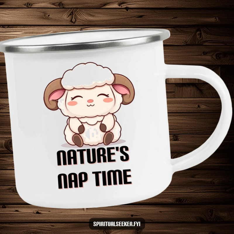 Funny sheep camping mug with a meditating character, serene smile, and closed eyes, perfect for enjoying nature's calm with humor.
