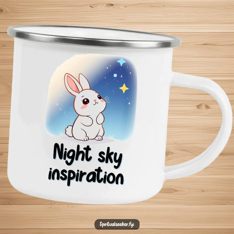 Funny Camping Mug: A kawaii rabbit looking up at a starry sky, perfect for enjoying nature with wonder.