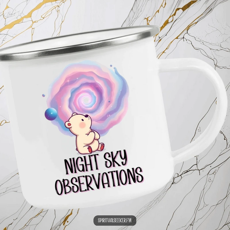 Funny enamel camping mug featuring a thoughtful bear observing a swirling nebula, perfect for outdoor contemplation.