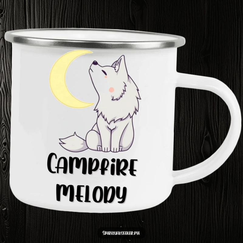 Funny camping mug featuring a peaceful wolf howling at a crescent moon, perfect for enjoying the outdoors with a touch of calm.
