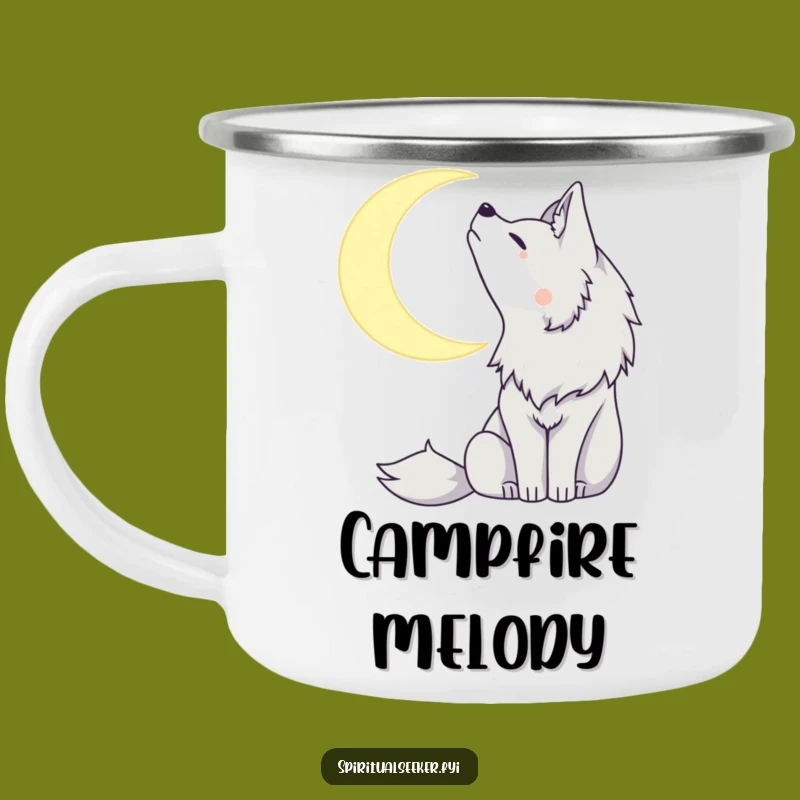Peaceful Wolf Campfire Mug: Enjoy Moonlit Howls Outdoors.