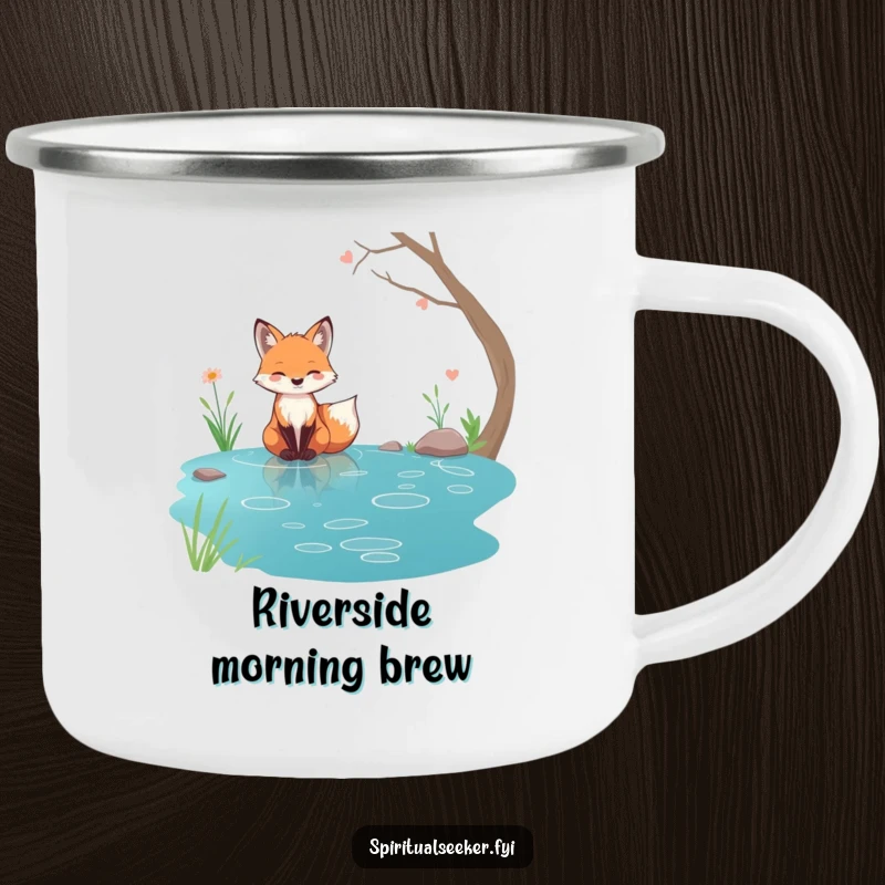 Funny tranquil fox camping mug, sitting by a serene stream, ideal for nature lovers and outdoor adventures.