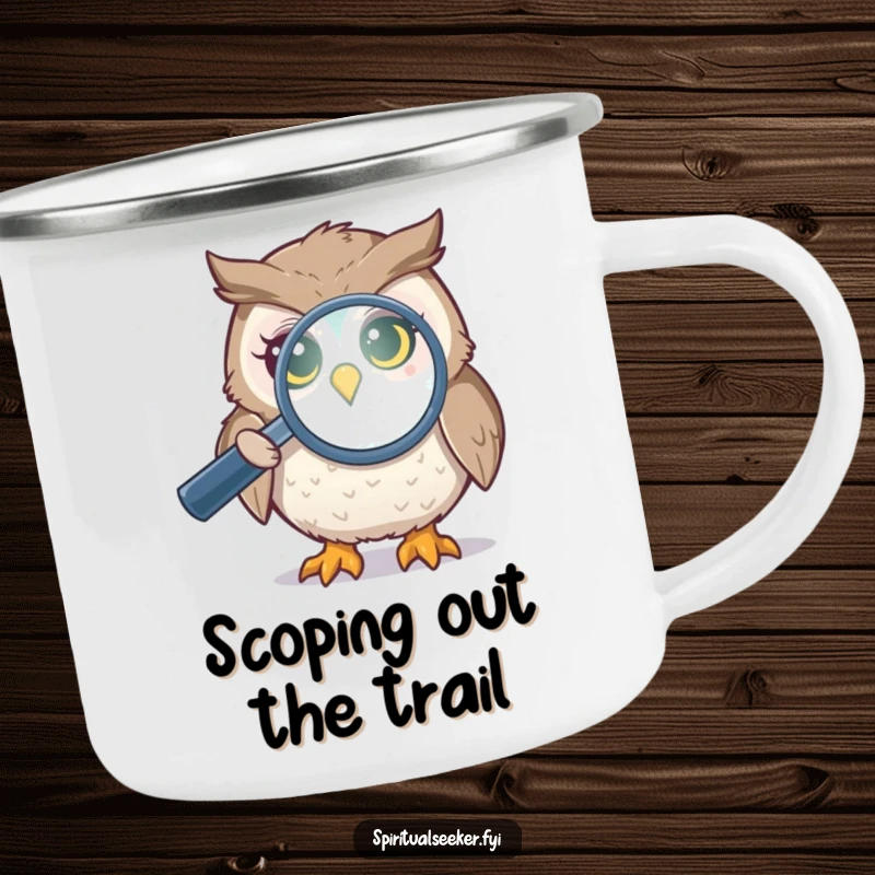 Funny camping mug with a curious owl magnifying an aura, perfect for outdoor enthusiasts who appreciate mystic humor.