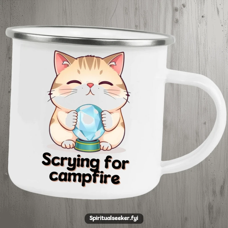 Funny camping mug with a plump cat balancing a crystal ball, perfect for outdoor enthusiasts who appreciate mystic humor.