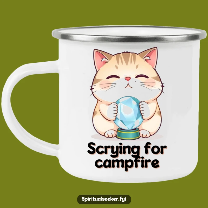 Funny Mystic Cat Camping Mug: Crystal Ball Visions by the Fire