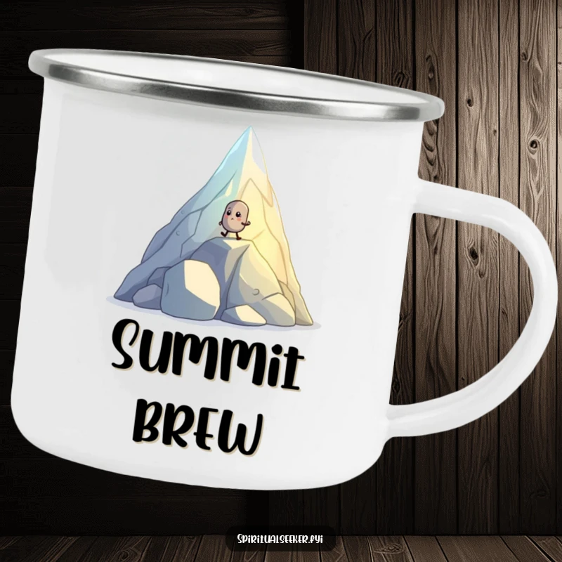 Funny camping mug with a small, determined pebble creature hiking up a glowing, crystal mountain, perfect for outdoor grit.
