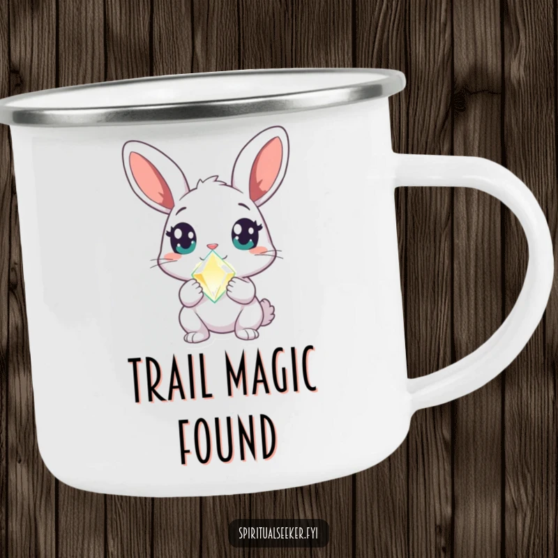 Funny rabbit camping mug with a curious character, wide amazed eyes, and a glowing crystal, ideal for magical outdoor moments.