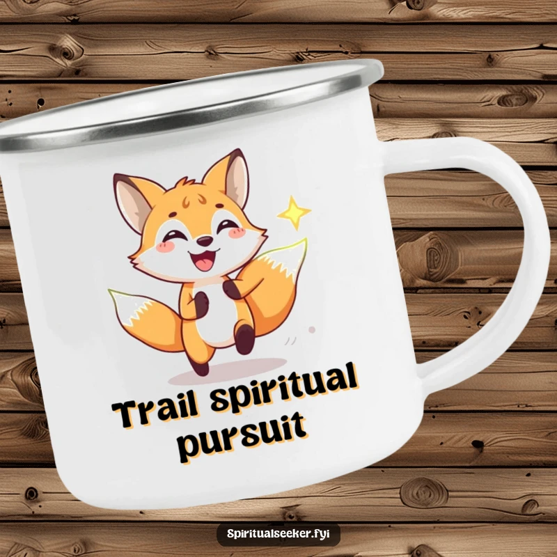 Funny camping mug with a playful fox chasing a spiritual symbol, perfect for adventurous souls and humorous moments outdoors.