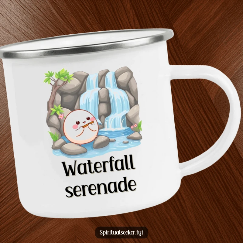 Funny camping mug with a happy, bouncy ball creature playing a tiny flute beside a serene waterfall, perfect for outdoor relaxation.