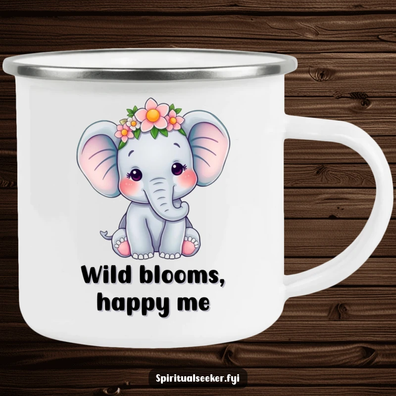 Funny enamel camping mug with a serene elephant wearing a flower crown, suitable for outdoor use, a charming funny gift for hikers.