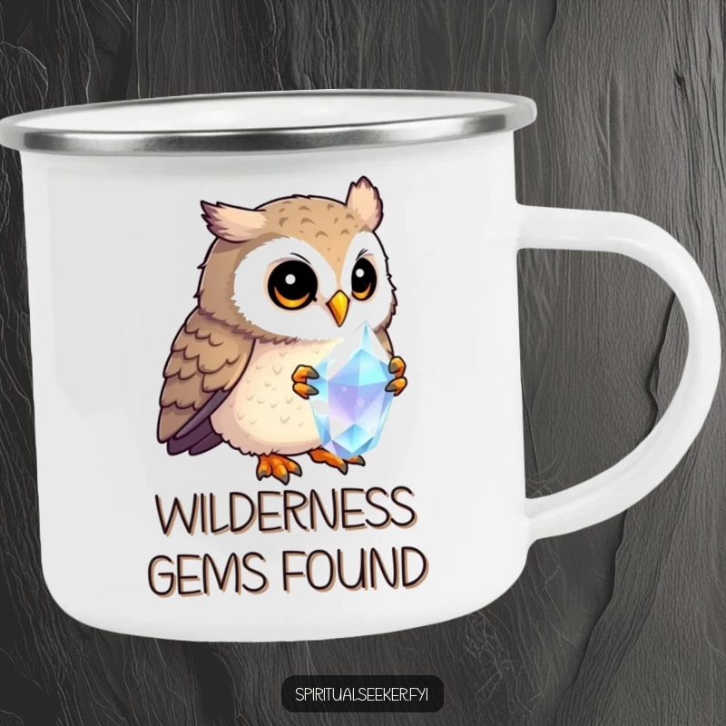 Funny curious owl camping mug, featuring an owl studying a crystal, perfect for enjoying hot beverages during outdoor adventures with humor.