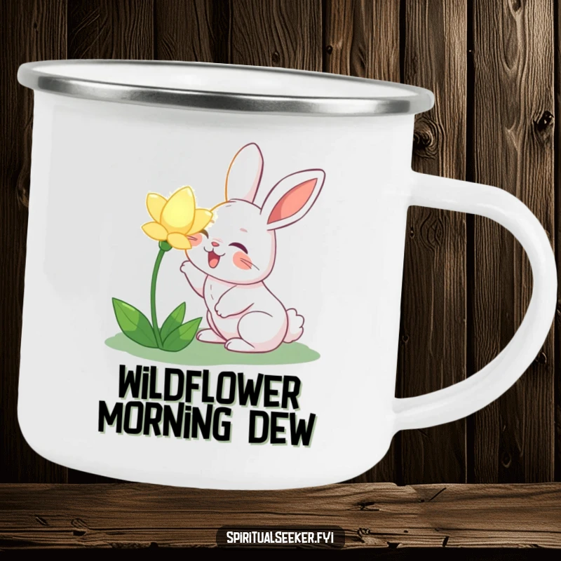 Funny joyful rabbit camping mug, featuring a rabbit sniffing a glowing flower, perfect for enjoying hot beverages during outdoor adventures with humor.