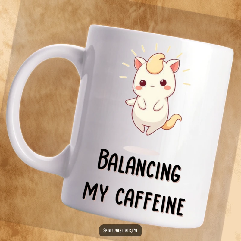 Funny Mug featuring a charming Kawaii creature gracefully balancing on one toe, emitting a soft, gentle glow.