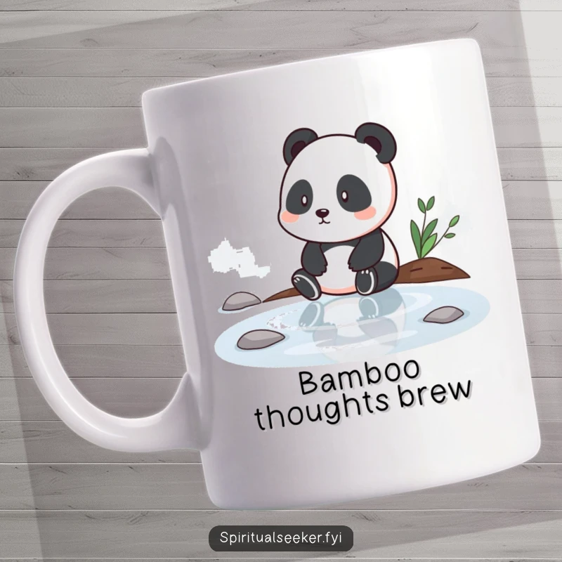 Funny ceramic mug featuring a contemplative panda sitting calmly beside tranquil water, embodying peace and humor, a perfect funny gift.