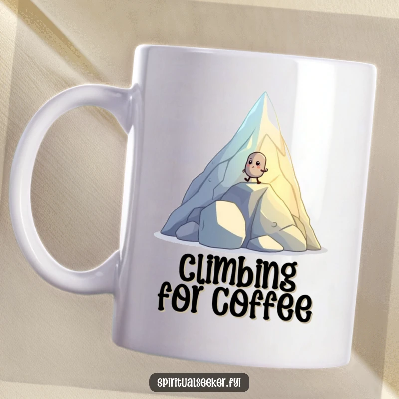 Funny mug showing a small, determined pebble creature hiking up a glowing, crystal mountain, symbolizing perseverance.
