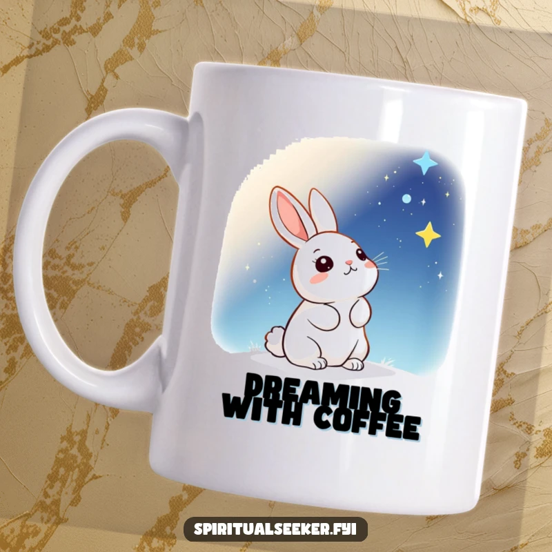 Funny Mug: A kawaii rabbit gazing upwards with wide eyes at a vast, starry night sky, full of wonder.