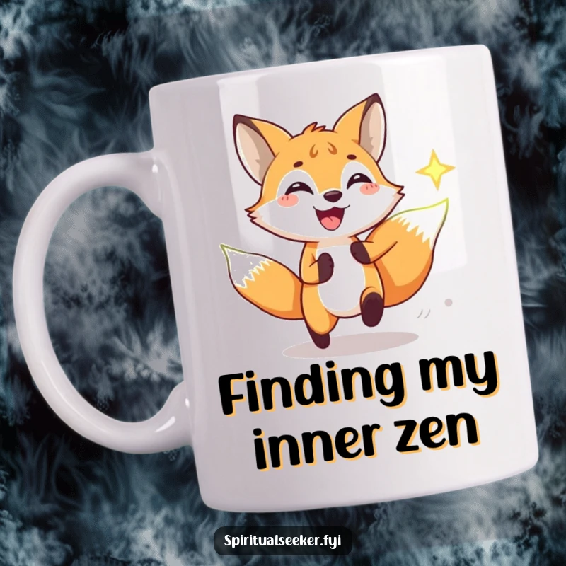 Funny mug featuring a grinning fox enthusiastically chasing a bright, glowing spiritual symbol, representing a humorous quest for inner peace.