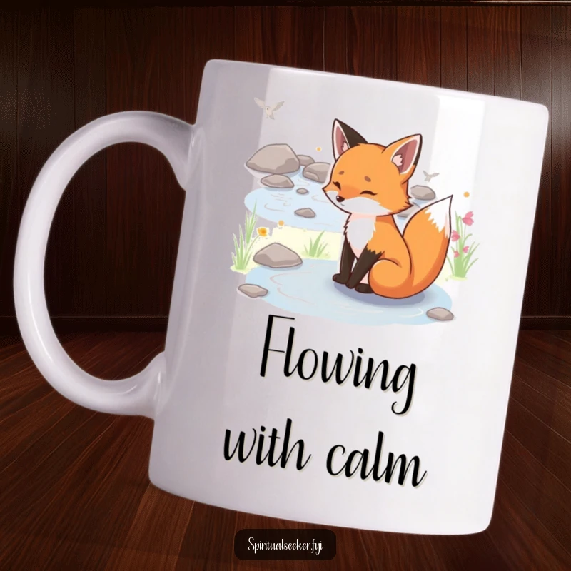 Funny serene fox mug, a calm fox resting peacefully by a gentle stream, embodying nature's humor and peace.