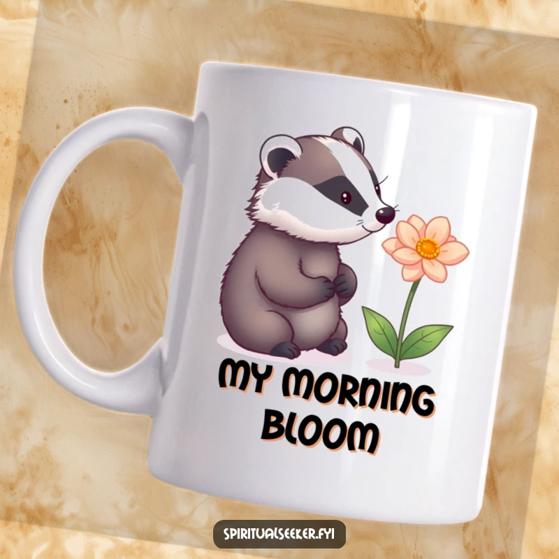 Funny mug featuring a thoughtful badger gazing in awe at a glowing, magical flower, embodying peaceful wonder and a touch of fantasy.