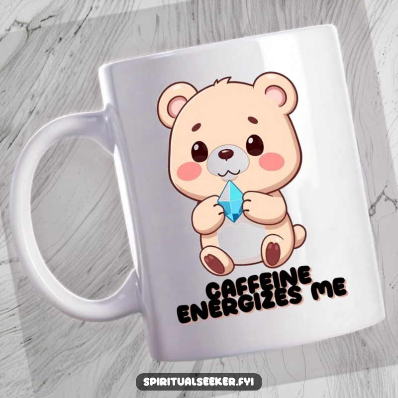 Funny mug with a serene bear holding a softly glowing, radiant crystal, conveying peace and contentment.