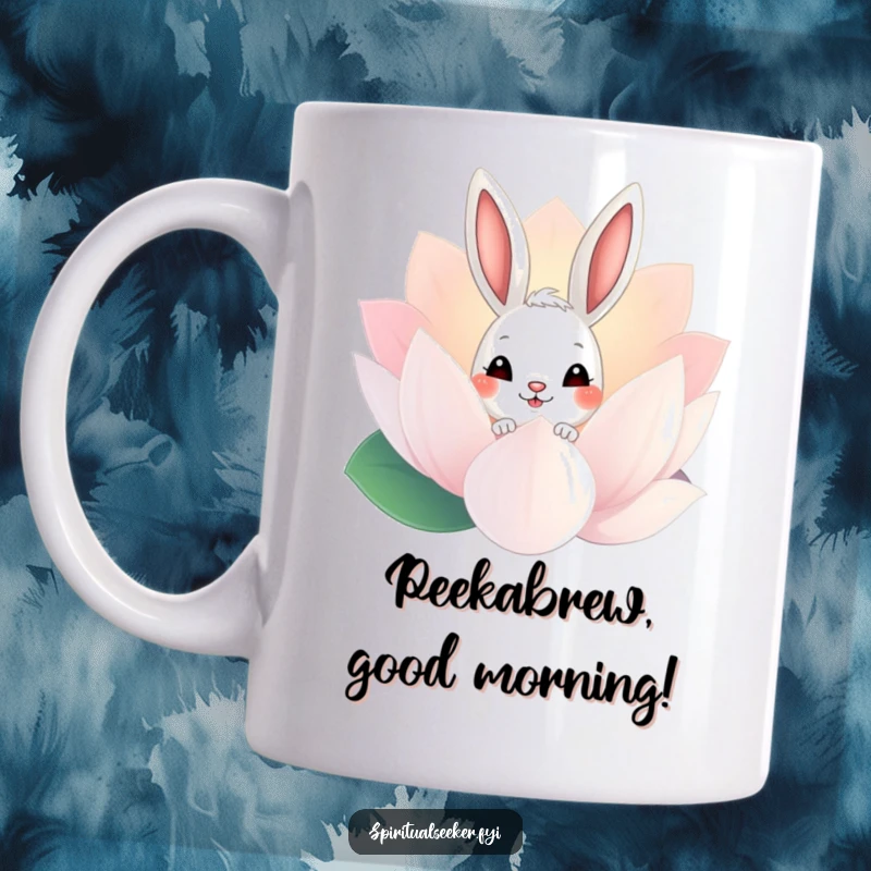 Funny Bunny Mug: A curious rabbit peeking from behind a large lotus flower, conveying gentle humor and wonder.