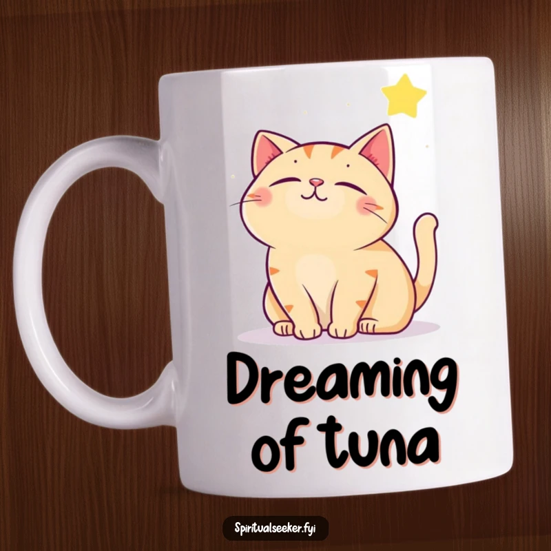 Funny contented cat mug, peacefully gazing at a twinkling star, embodying cozy dreams and feline charm. Ideal for a warm beverage.